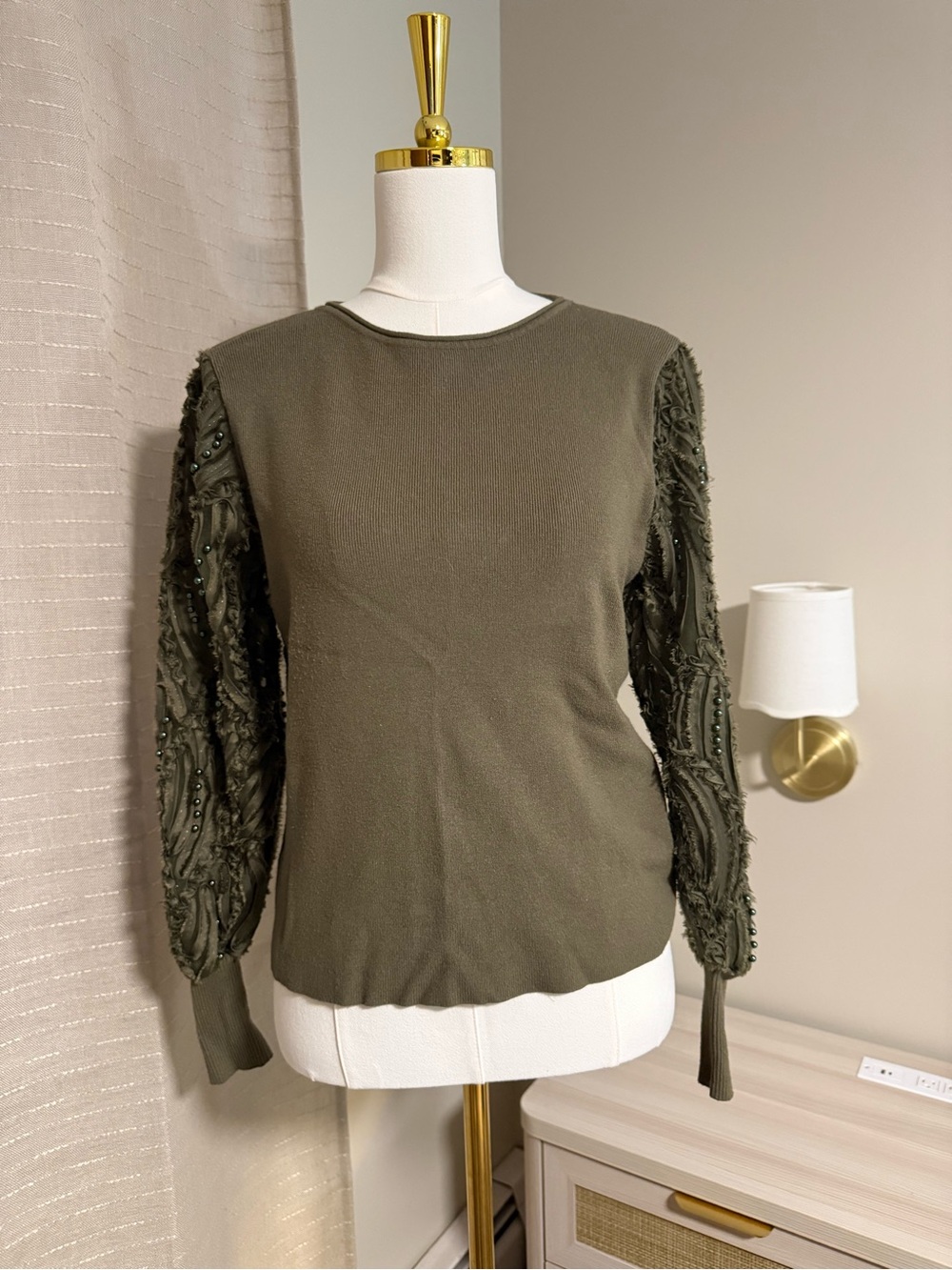 Milano Olive Beaded Balloon-Sleeve Crewneck Sweater